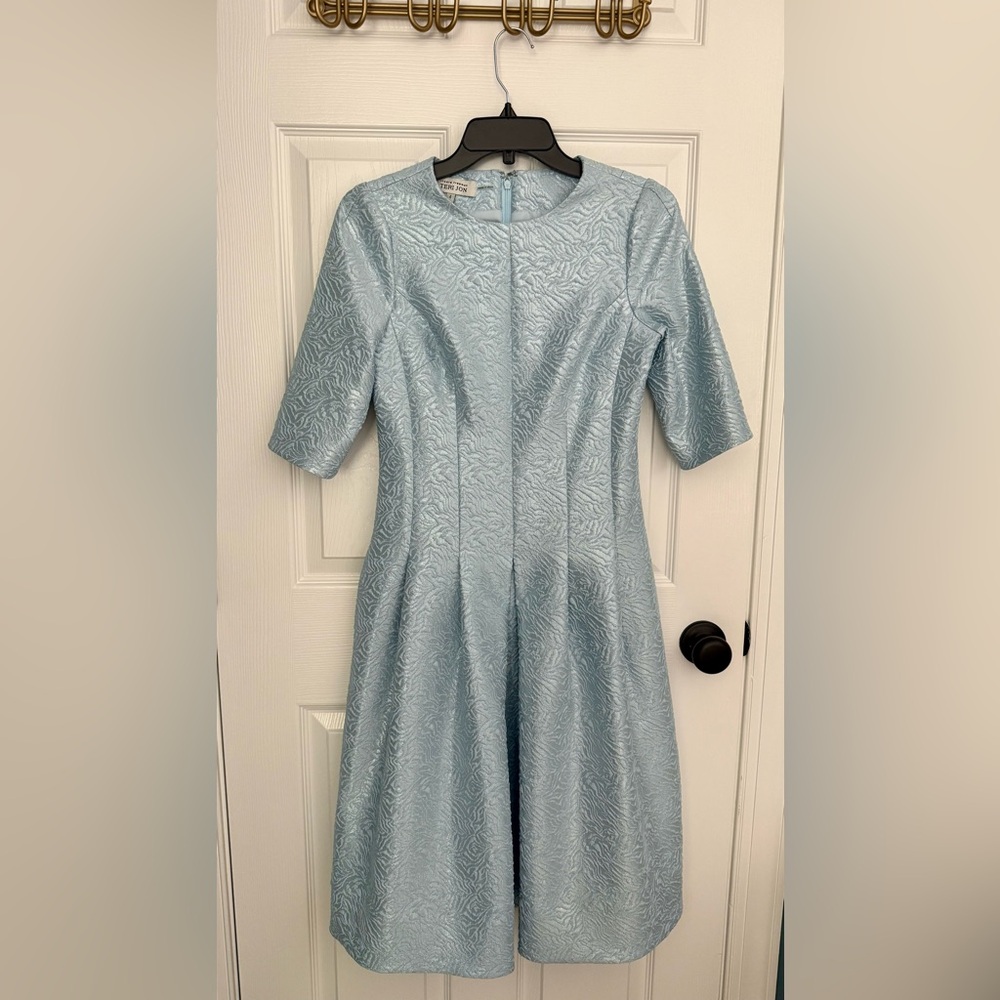 Rickie Freeman for Teri Jon Sky Blue Pleated 3/4-Sleeve Metallic Jacquard Dress